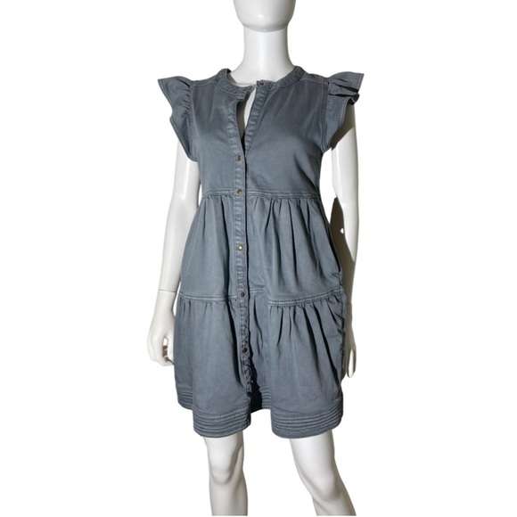 Marie Oliver Neelie Denim Dress Sz XS Gray Pockets Tiered Flutter Sleeves Boho - Picture 2 of 15